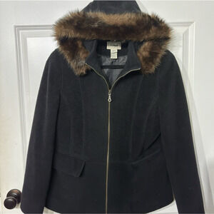 LL Bean Large Petit Wool Blend Black Removable Hood Jacket Coat Faux Fur Trim